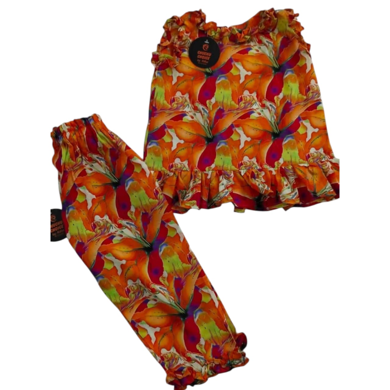 Orange floral Print Girls Suit