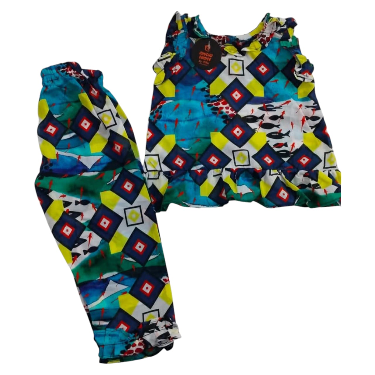 Blue Block Print Girls Suit