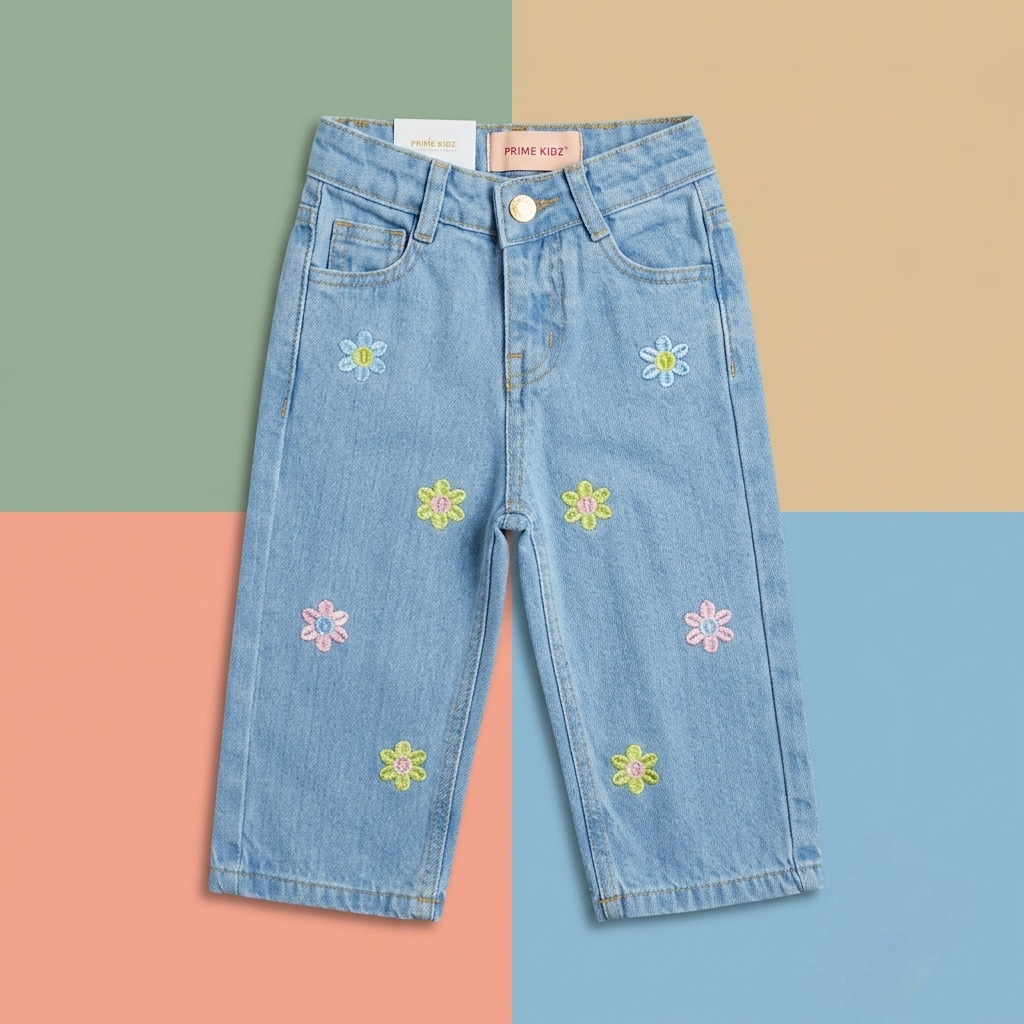 Girls Floral Embroidered Denim