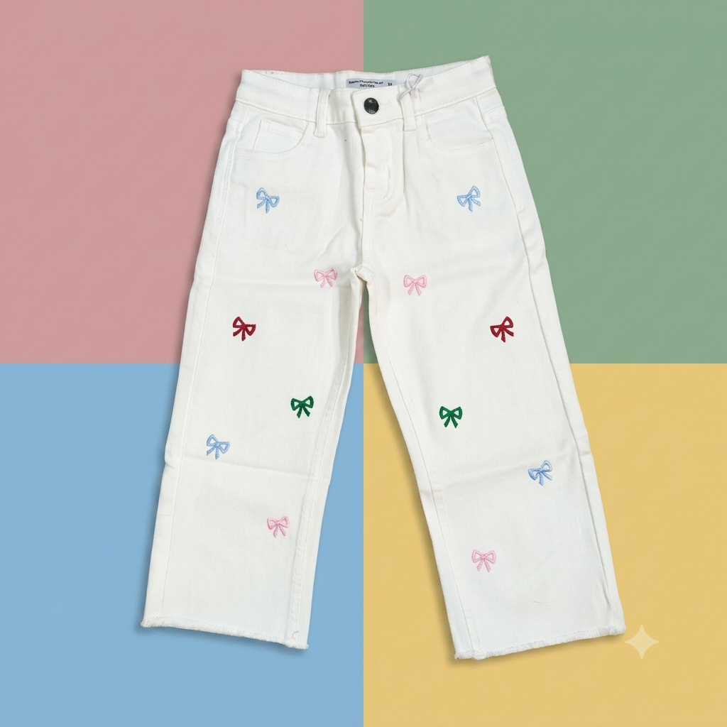 White Embroidered Girls Denim