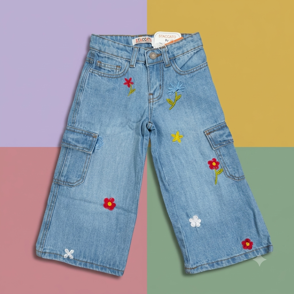 Girls Embroidered Floral Denim